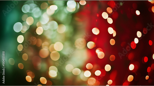 Abstract red, white, and green bokeh background with soft blurred lights creating a festive and vibrant atmosphere. Perfect for holiday or celebration-themed designs