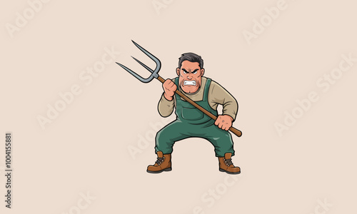 Angry farmer brandishing a pitchfork defiantly.