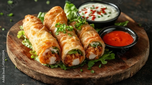 Wallpaper Mural On a circular wooden plank, fried chicken crispy tortilla rolls with lettuce garnish are served with dips and sauces. Torontodigital.ca