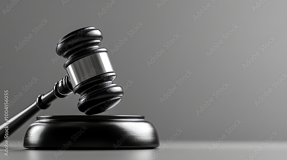 A wooden gavel with a silver band, on a gray background. A wooden gavel with a silver band, on a gray background.