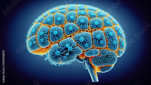 Cerebro vista lateral, en lugar de circunvoluciones muestra segmentos poliédricos en cada región afronta, parietal, temporal y occipital, representa de forma simbólica las neurociencias.  photo