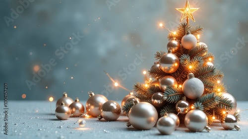 

beautiful New Year and Christmas tree lined with Christmas balls against a background of blurry lights