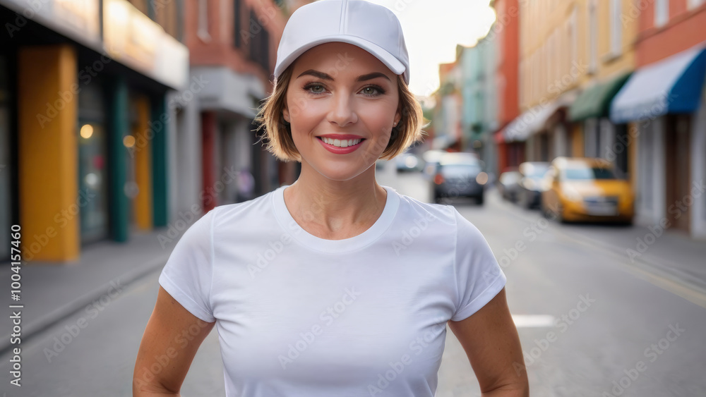 Woman with short hair wearing white t-shirt and white baseball cap standing on the street Woman with short hair wearing white t-shirt and white baseball cap standing on the street