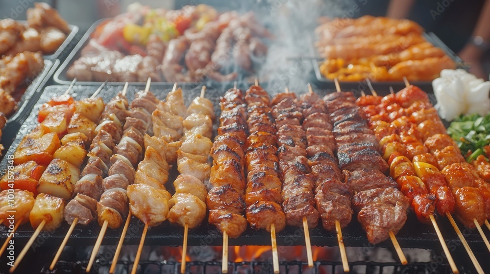 Close-up of grilled meat on wooden skewers amidst smoke and various barbecue dishes Close-up of grilled meat on wooden skewers amidst smoke and various barbecue dishes
