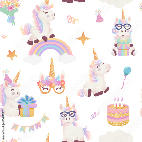 Birthday seamless pattern with unicorn, rainbow and gifts