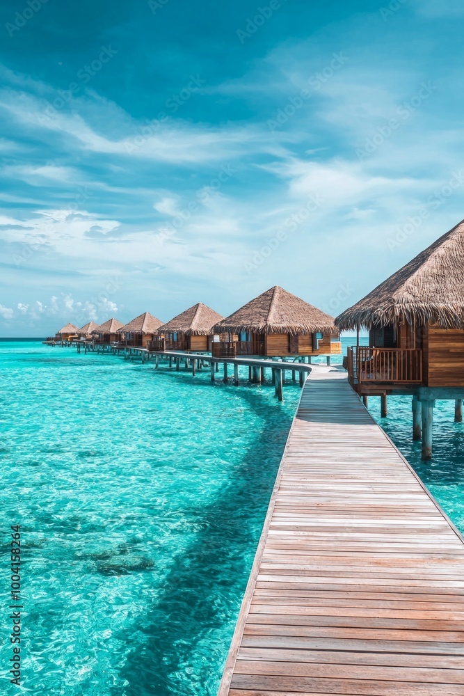 A luxury overwater vacation resort with a wooden walkway leading to thatched-roof huts on the turquoise ocean water, with a Maldives island background. A luxury overwater vacation resort with a wooden walkway leading to thatched-roof huts on the turquoise ocean water, with a Maldives island background.