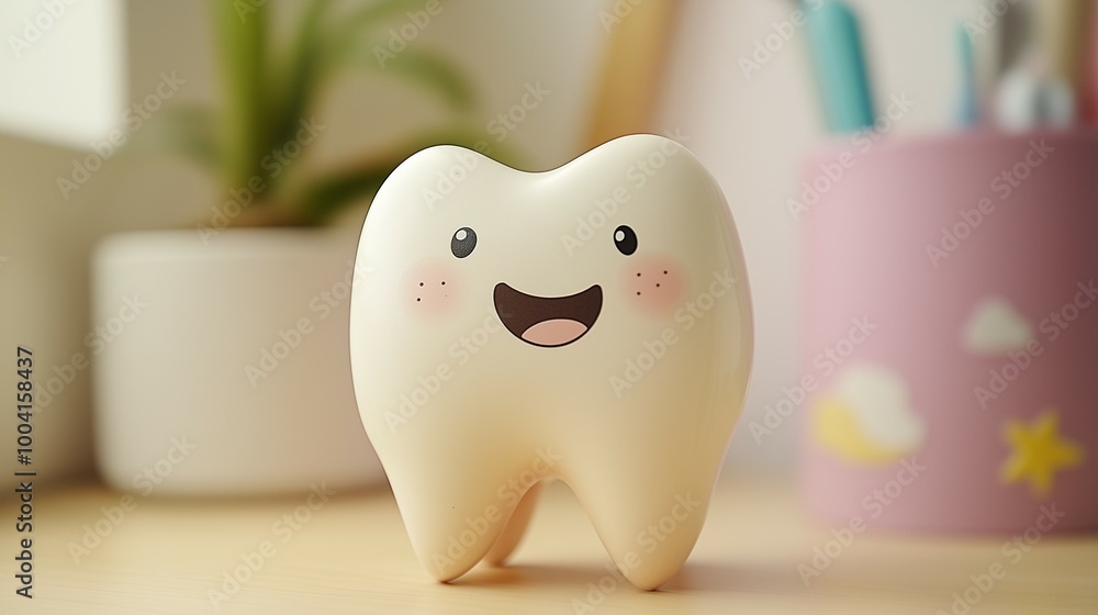 Cute cartoon tooth character with a big smile placed on a desk near dental tools in a bright room Cute cartoon tooth character with a big smile placed on a desk near dental tools in a bright room