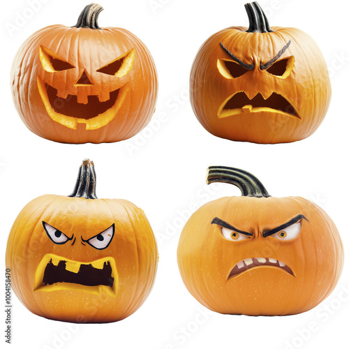 Set of four Halloween pumpkins with a carved face, isolated on a transparency background photo