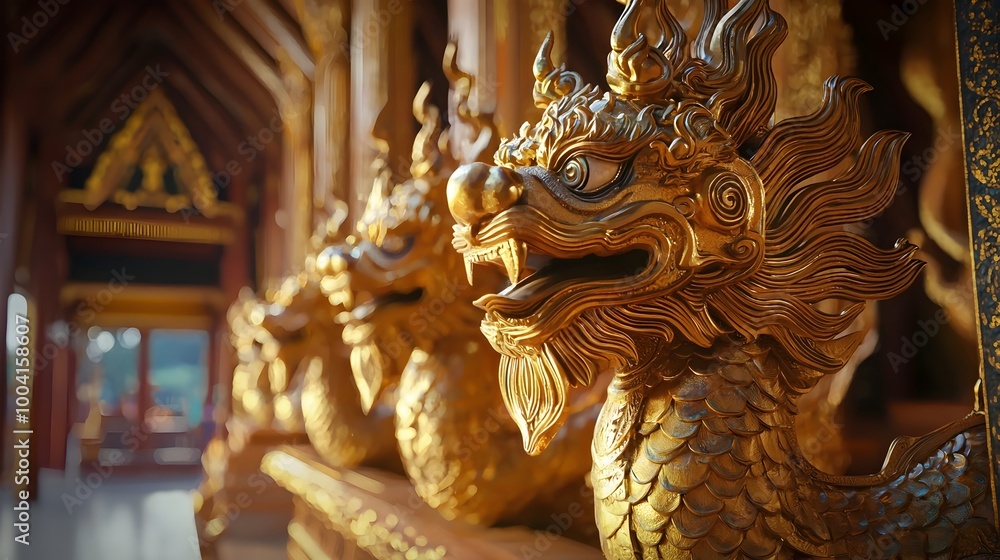 Ornate Golden Dragon Statue in Traditional Buddhist Temple Architecture Ornate Golden Dragon Statue in Traditional Buddhist Temple Architecture