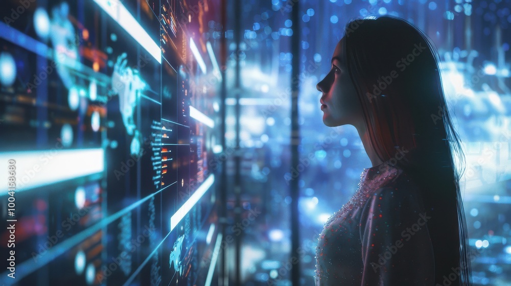 Double exposure of woman and stock market data on digital screen. 3d rendering Double exposure of woman and stock market data on digital screen. 3d rendering