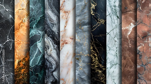 A marble texture background set, offering luxurious patterns in a variety of colors and veining styles. The textures are displayed on large canvases, demonstrating their elegance and suitability  photo