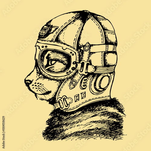 Cat in a helmet of the pilot. Sketch. Vector illustration