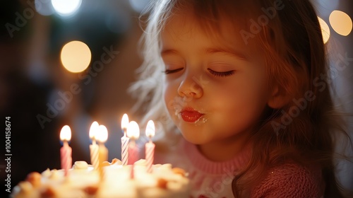 A little girl blows out candles on her birthday cake.