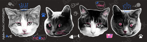 Set of cute cat heads with doodle elements. Retro halftone effect. Y2k collage design.