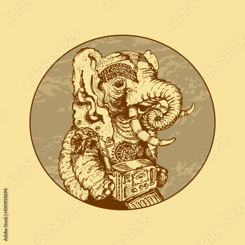 Elephant with tattoos, ammunition and a vintage dosimeter. The round image. Imitation of engraving. Diesel punk Sketch. Vector illustration
