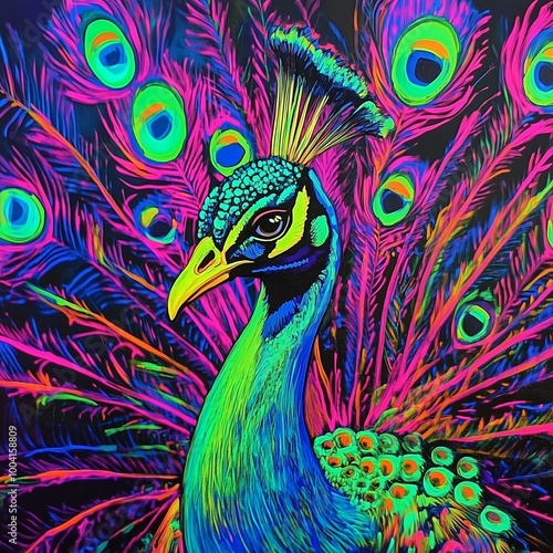 Vibrant neon colored peacock with elaborate glowing feathers in a psychedelic artistic style