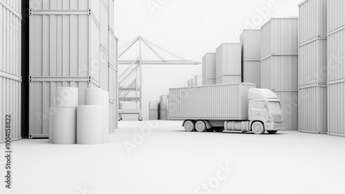 3D wireframe of a shipping port, with cranes, cargo containers, and trucks, illustrating the complexity of logistics operations
