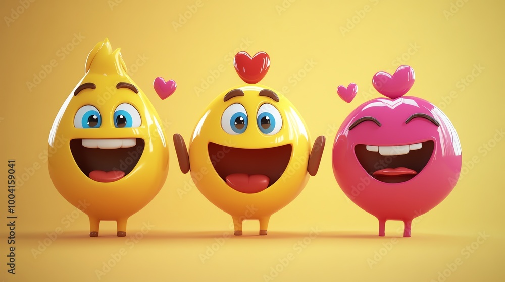 Three emojis, each with a different expression, surrounded by hearts. Three emojis, each with a different expression, surrounded by hearts.