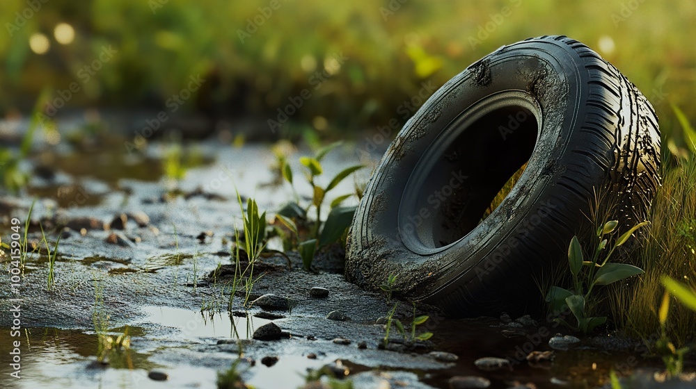 Discarded Tire in a Mud Puddle: A Reminder of Environmental Pollution Discarded Tire in a Mud Puddle: A Reminder of Environmental Pollution