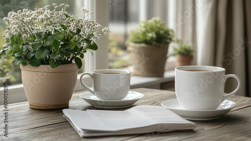 A peaceful morning with two cups of coffee and fresh plants on a wooden table beside a sunny window invites relaxation and comfort