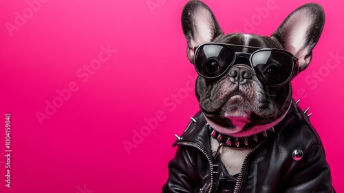 Wallpaper Mural A French bulldog dressed in a black leather jacket and sunglasses poses confidently in front of a bright pink backdrop, showcasing its unique style and playful personality. Torontodigital.ca