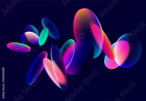 Colorful circles and  ovals. Art geometric shapes in glass morphism style. Abstract vector design elements.
