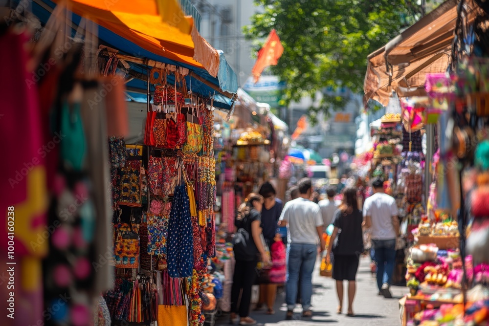 Obraz premium Vibrant market scene with colorful stalls and lively crowds. The atmosphere is energetic and inviting. Perfect for travel and culture themes. Generative AI