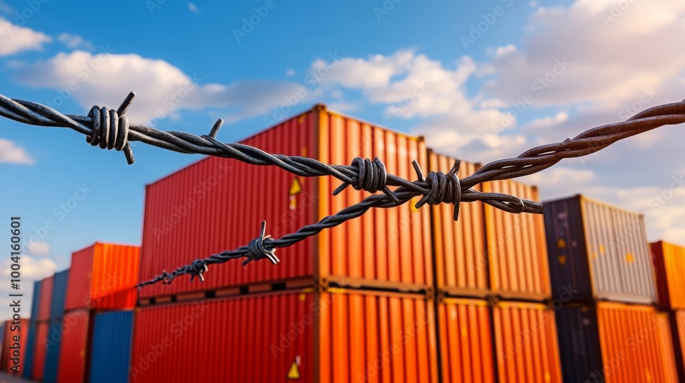 Fototapeta premium Barbed Wire Fence with Blurred Shipping Containers