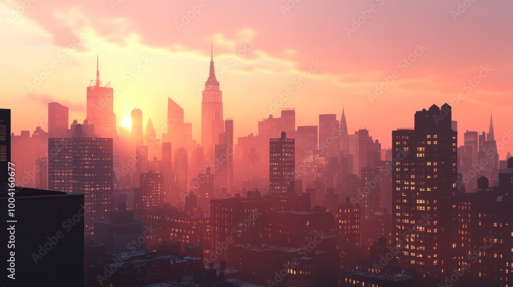 Fototapeta premium A sunset view over a city skyline, highlighting skyscrapers and urban atmosphere.