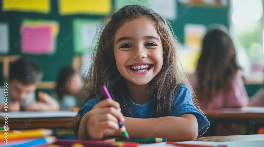 A young girl smiles broadly as she colors with crayons in a classroom. A young girl smiles broadly as she colors with crayons in a classroom.