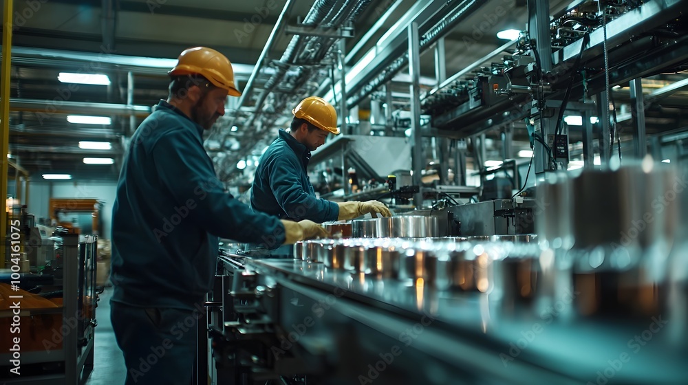 Fototapeta premium Industrial factory workers collaborating on manufacturing assembly line