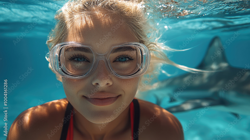 Naklejka premium A young woman smiles while snorkeling, enjoying the close encounter with a shark in a vibrant underwater environment