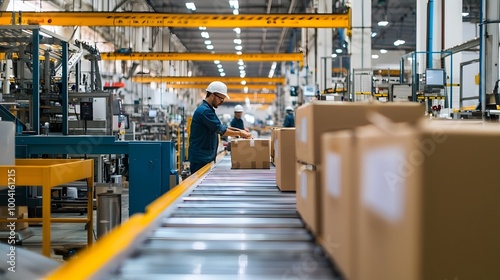 Automated factory warehouse with workers,machinery,and shipment of goods