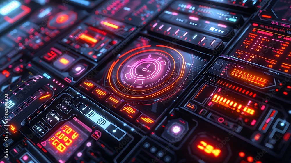 A cyberpunk-inspired UI kit featuring futuristic interface elements, including buttons, sliders, and icons. The kit is displayed on a dark, neon-lit background, capturing the essence of a high-tech, A cyberpunk-inspired UI kit featuring futuristic interface elements, including buttons, sliders, and icons. The kit is displayed on a dark, neon-lit background, capturing the essence of a high-tech,
