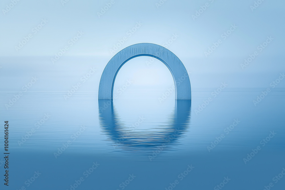 Abstract blue arch circular building on calm water surface background Abstract blue arch circular building on calm water surface background
