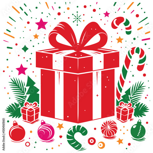 Gift box for Merry Christmas with Christmas leaf star and Christmas ball template illustration Concept Isolated Vector illustration on a white background