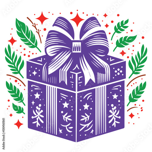 Big gift box with leaf and star design template design Isolated Vector illustration on a white background