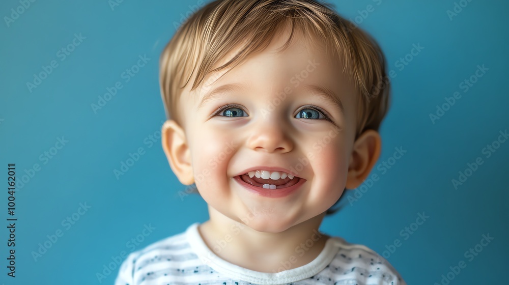 A toddler with blonde hair and blue eyes smiles. A toddler with blonde hair and blue eyes smiles.