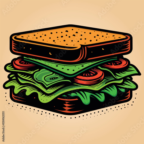 Sandwich with cheese lettuce and tomato Concept Isolated Vector illustration on a white background