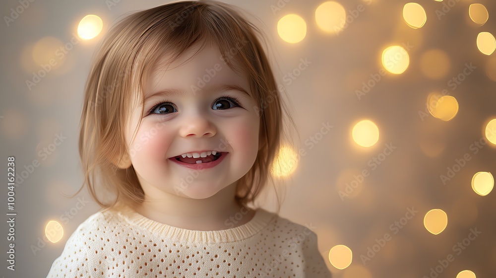 A baby with blonde hair and big brown eyes smiles at the camera. A baby with blonde hair and big brown eyes smiles at the camera.