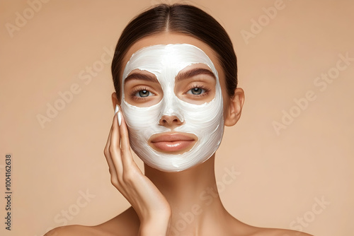 Beautiful Woman with Face Mask Cream for Skincare - Beauty Treatment and Facial Care Concept