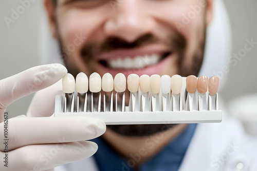 Dentist Holding Tooth Color Scale for Dental Matching - Professional Dental Care and Whitening Concept