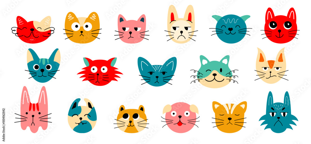 Obraz premium Big set of cute cats. Different emotions. Vector illustration collection in doodle groovy style
