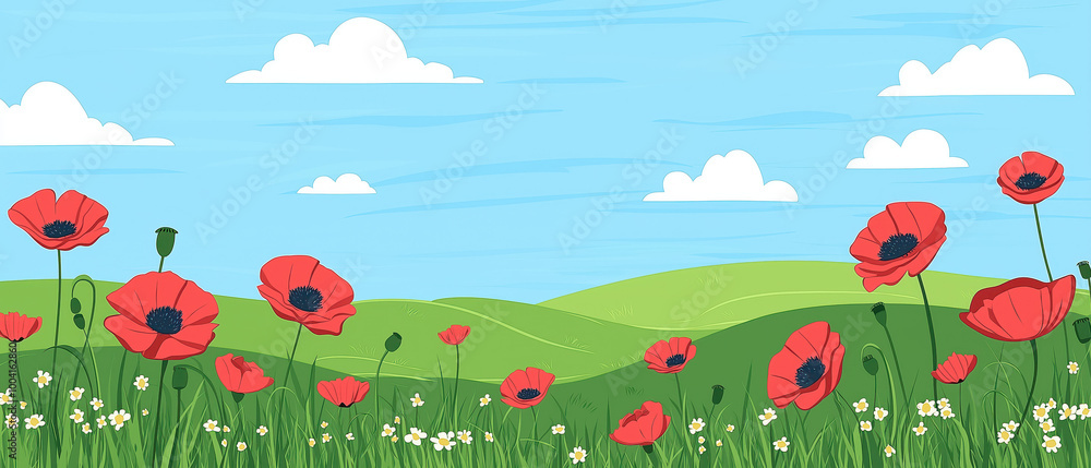 Fototapeta premium A vibrant landscape with red poppies blooming in a green field under a bright blue sky with fluffy white clouds.