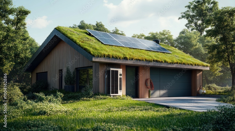 The roof of a single-family home with solar panels and a heat pump installed, plus a green, grassy roof over the garage. 3D model The roof of a single-family home with solar panels and a heat pump installed, plus a green, grassy roof over the garage. 3D model