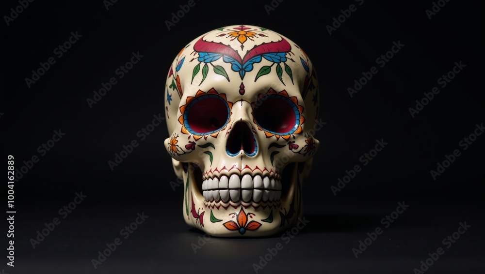 Sugar Skull with Geometric Frontal Design Against Dark Background Sugar Skull with Geometric Frontal Design Against Dark Background