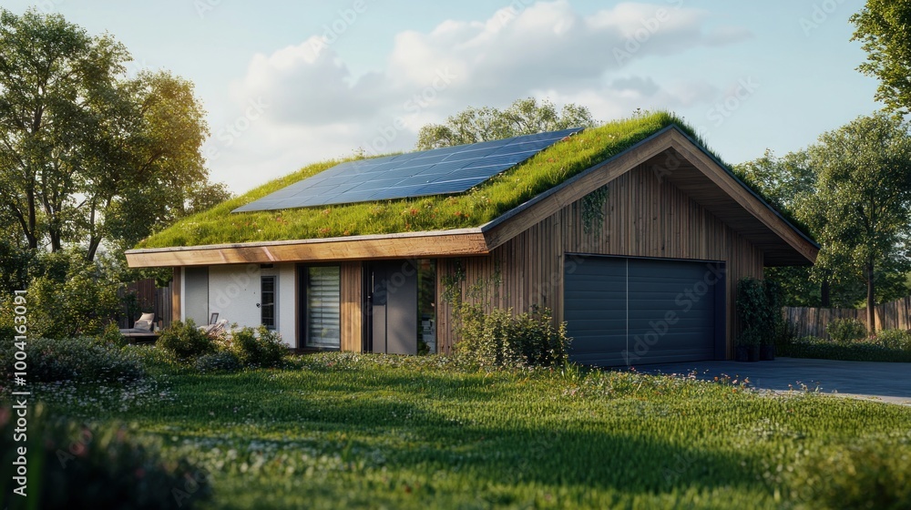 The roof of a single-family home with solar panels and a heat pump installed, plus a green, grassy roof over the garage. 3D model The roof of a single-family home with solar panels and a heat pump installed, plus a green, grassy roof over the garage. 3D model