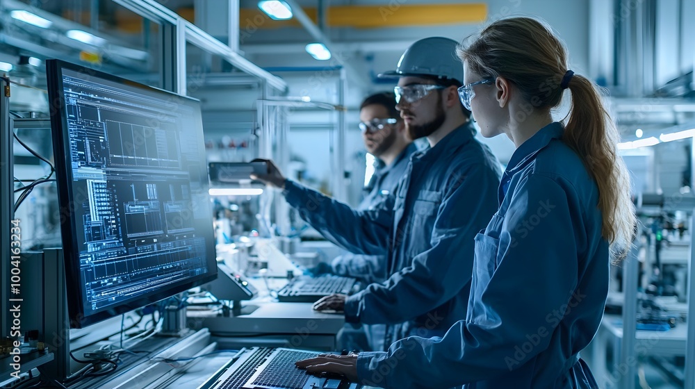 Team of Engineers Monitoring Electronics Production in Factory Team of Engineers Monitoring Electronics Production in Factory