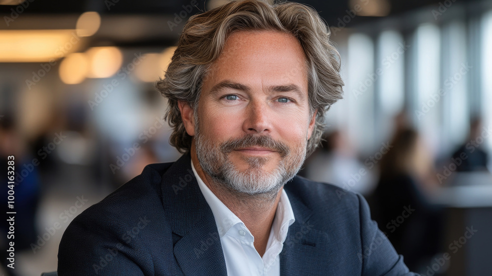 A well-groomed man with gray hair and a beard participates in discussions in a bright office filled with colleagues, showcasing professionalism and focus A well-groomed man with gray hair and a beard participates in discussions in a bright office filled with colleagues, showcasing professionalism and focus
