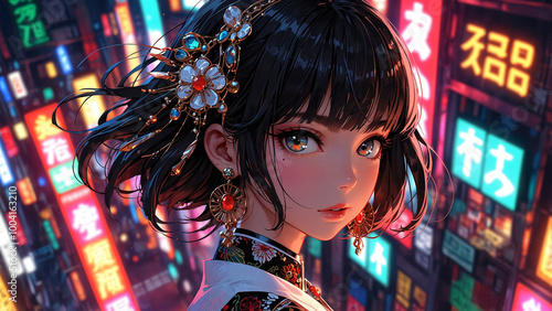 ネオン街、日本人の少女
